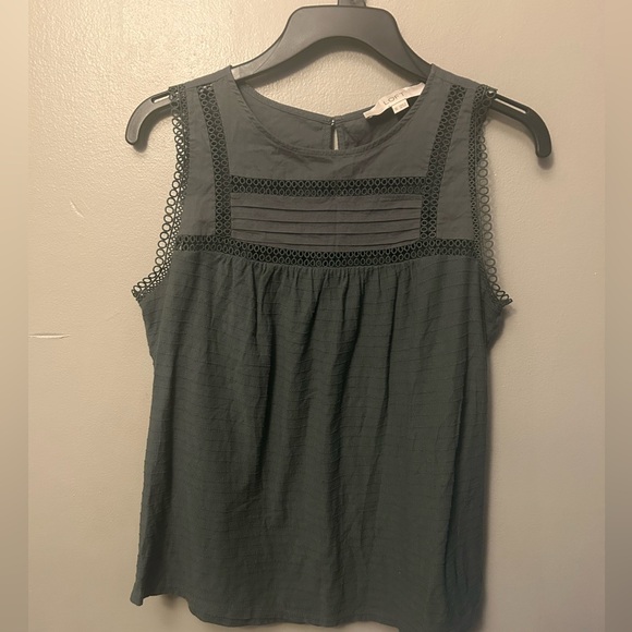 Loft Olive Green Sleeveless Top - embroidered lace trim, babydoll cut - Picture 1 of 10